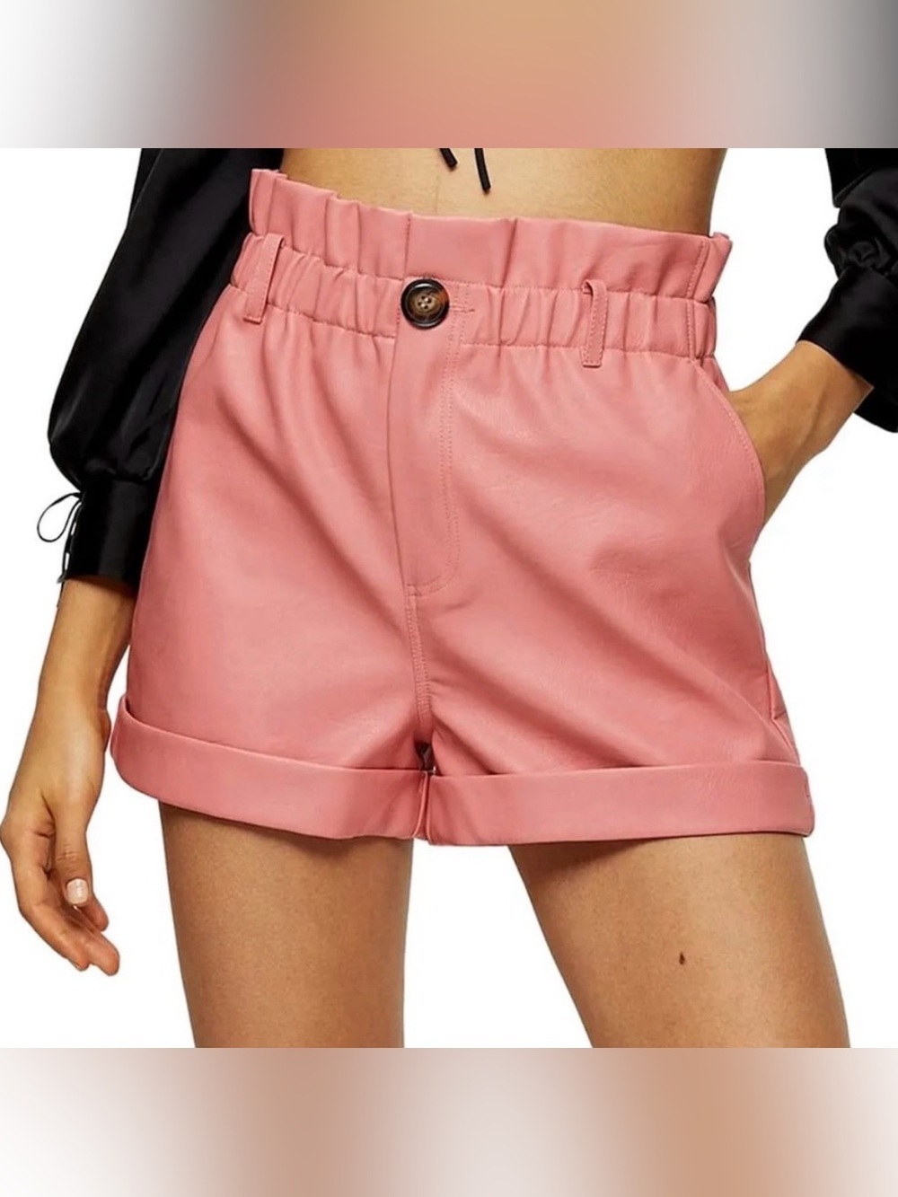 Topshop 🪷 Leather Paper Bag Cuffed Shorts - Picture 3 of 11